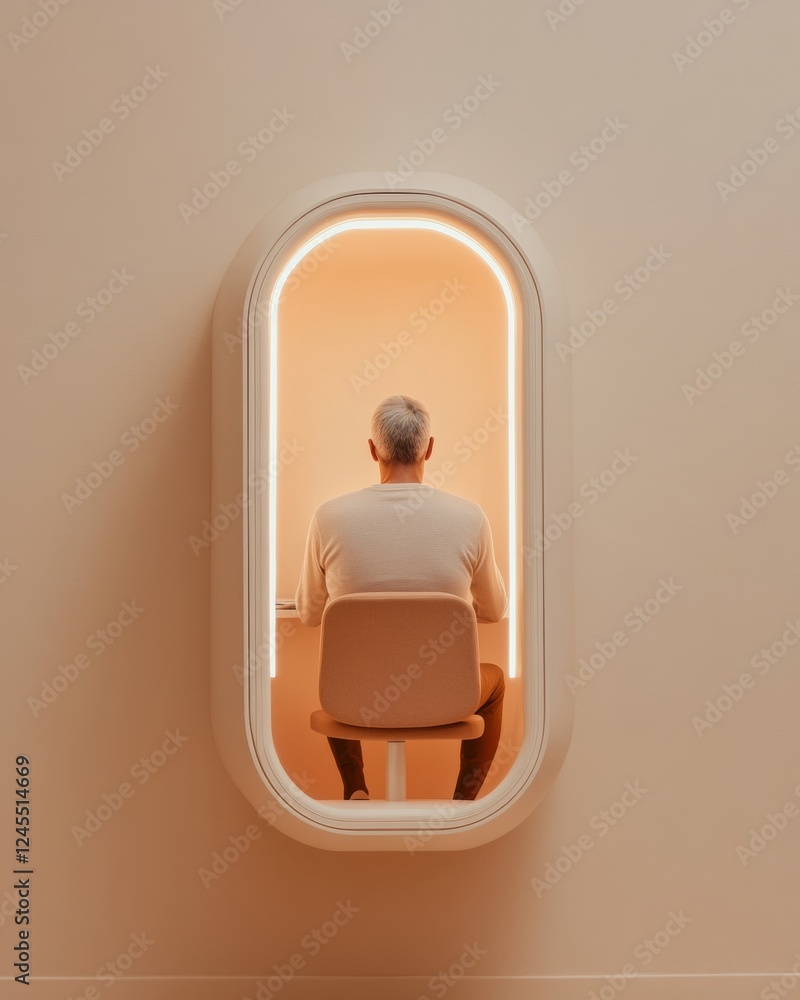 Poster modern micro office soundproof capsule with laptop and led lighting - urban workspace for digital pr