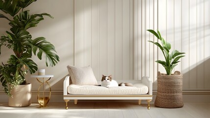 Cozy and serene living room with minimal nature inspired decor featuring a plush sofa potted plants