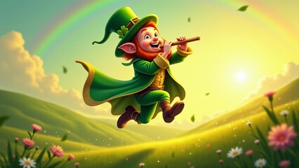 A dynamic digital illustration of a leprechaun joyfully leaping and playing the flute, set against rolling green hills, wildflowers, and a faint rainbow under a golden sunset.