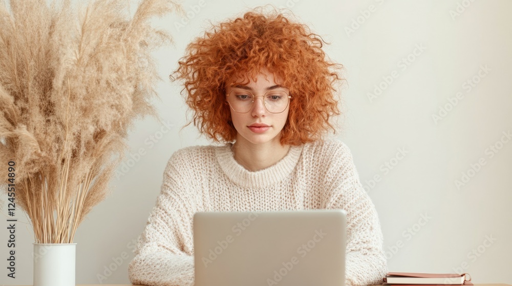 Poster serene home workspace young woman at wooden desk engaged in micro-learning on laptop - remote work e