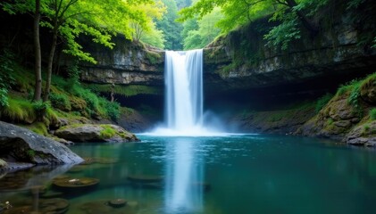 Fototapeta premium A tranquil pool forms at the base of the falls, reflection, peaceful