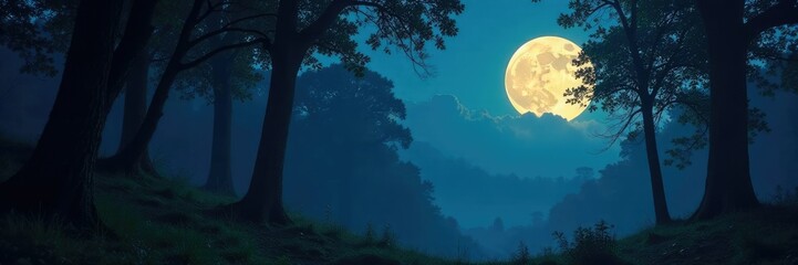 Fototapeta premium A tranquil forest scene illuminated by the soft glow of the full moon, branch, foliage