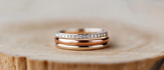 Stacked Minimalist Wedding Bands Modern Rose Gold and Diamond Elegance on Wood - Luxury Jewelry Content and Marital Unity Marketing for Contemporary Retail Display