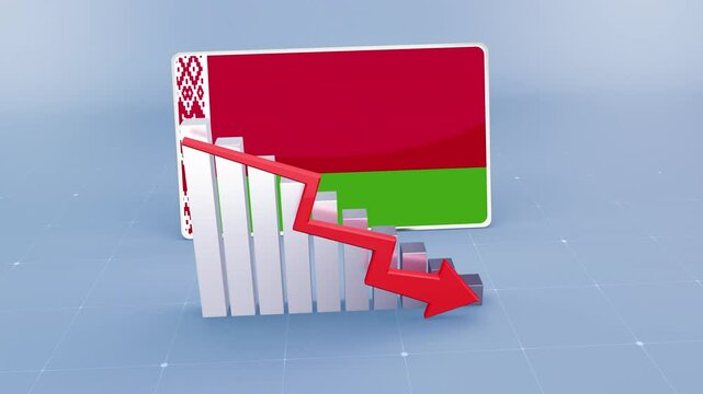Belarus country flag and bar chart graph showing decreasing values a red arrow economic crisis concept. Flag of The Belarus