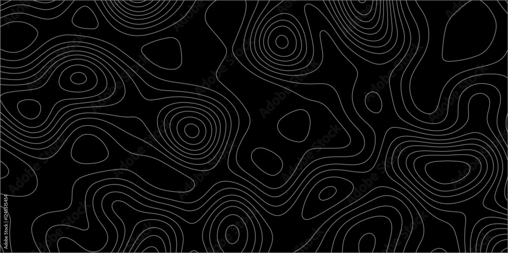 Poster abstract white on black background with topographic line map pattern. abstract wavy and curved lines