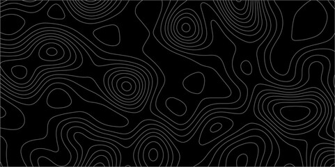 Abstract white on black background with Topographic line map pattern. abstract wavy and curved lines background. linear map. Dark seamless design. Bold tile able isolines pattern. Vector illustration.