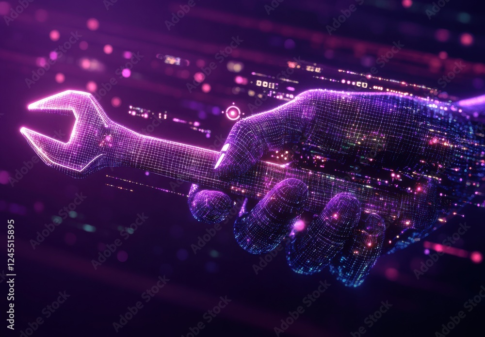 Poster digital hand holding wrench in neon colors surrounded by data streams and circuits representing tech