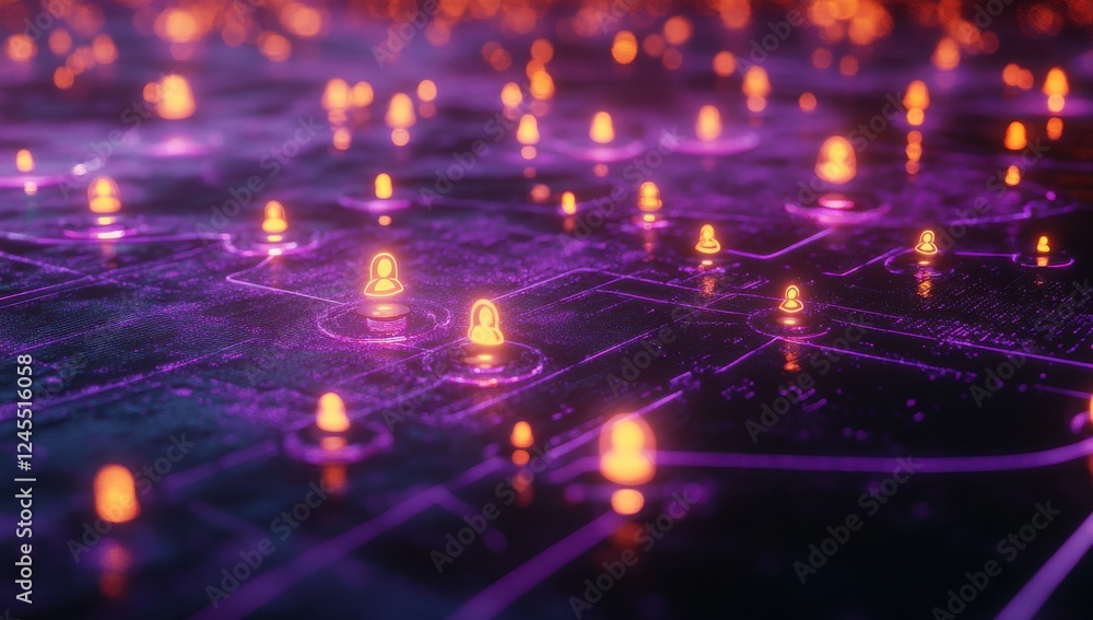Poster Digital Network Connections with Illuminated Icons and Floating Data Points Representing Virtual Interactions and Modern Technology Innovations