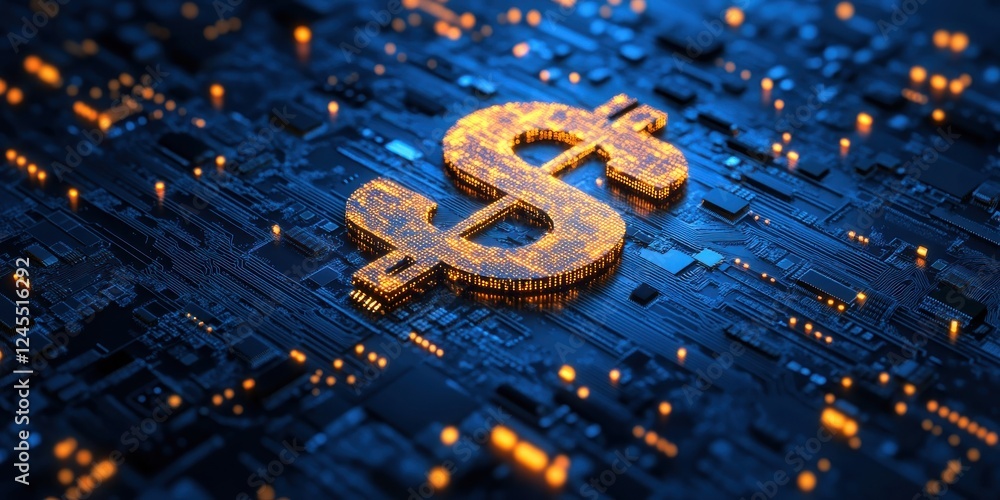 Poster digital representation of a glowing dollar sign on a circuit board background with glowing elements 