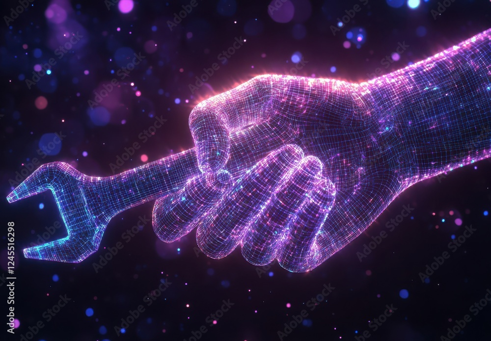 Poster digital representation of a hand holding a wrench symbolizing technology and innovation in engineeri