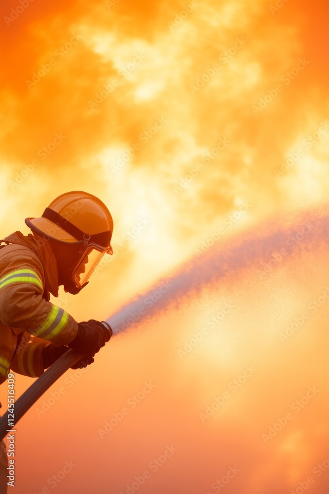 Poster dynamic action firefighter in advanced protective gear battling intense blaze with high-pressure hos