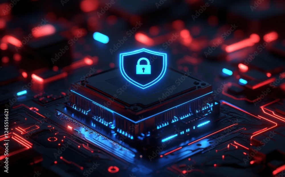 Poster digital security concept featuring microchip with shield icon in neon blue and red colors on circuit