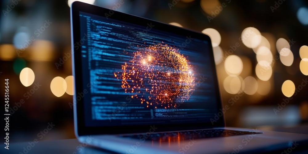 Poster Neon Futurism Digital Innovation Sphere on Screen with Holographic Data Visualization - Tech Industry Solutions for Enhanced Business Interfaces
