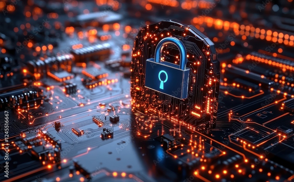 Poster digital security concept with padlock symbol on circuit board, illuminated background representing c