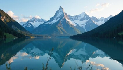 Towering peaks reflected in still lake waters, reflection, sky, water