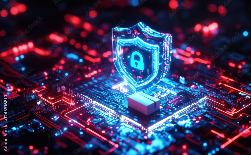 Poster digital security shield on circuit board representing cyber protection and data safety in modern tec