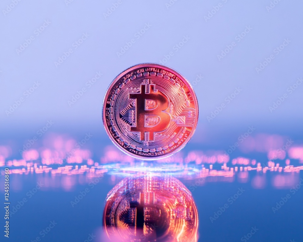 Poster futuristic cryptocurrency visual reflective metal bitcoin coin with circuit embossing - tech innovat