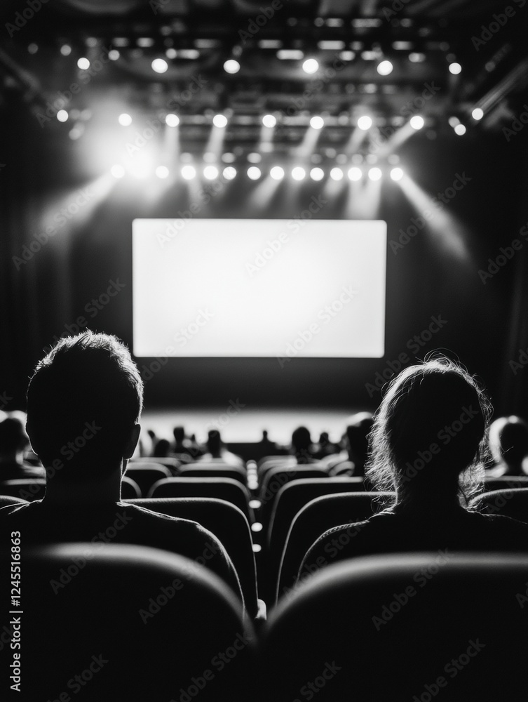 Poster engaging event space packed auditorium with innovative lighting and seating design - modern conferen
