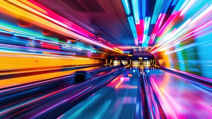 A vibrant neon bowling alley where motion blur adds an exciting dynamic, combined with modern lighting that creates a lively and energetic atmosphere. The vivid neon colors and the sense of movement
