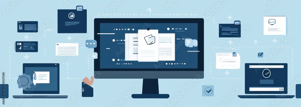 Poster digital workspace illustration featuring modern devices displayed on a soft blue background with mul