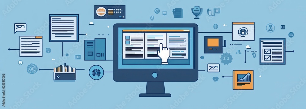 Poster digital workspace illustration featuring computer screen with various icons representing data, workf
