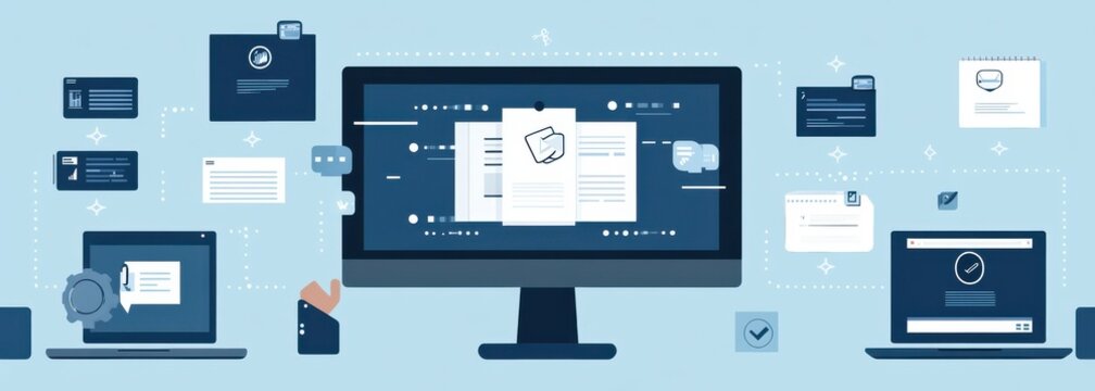 Digital workspace illustration featuring modern devices displayed on a soft blue background with multiple productivity elements and communication icons