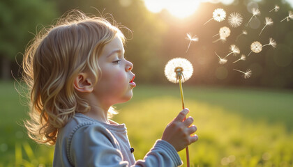 Child blowing dandelion seeds in a sunny summer field