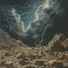 Surreal Rocky Terrain with Lightning Sky