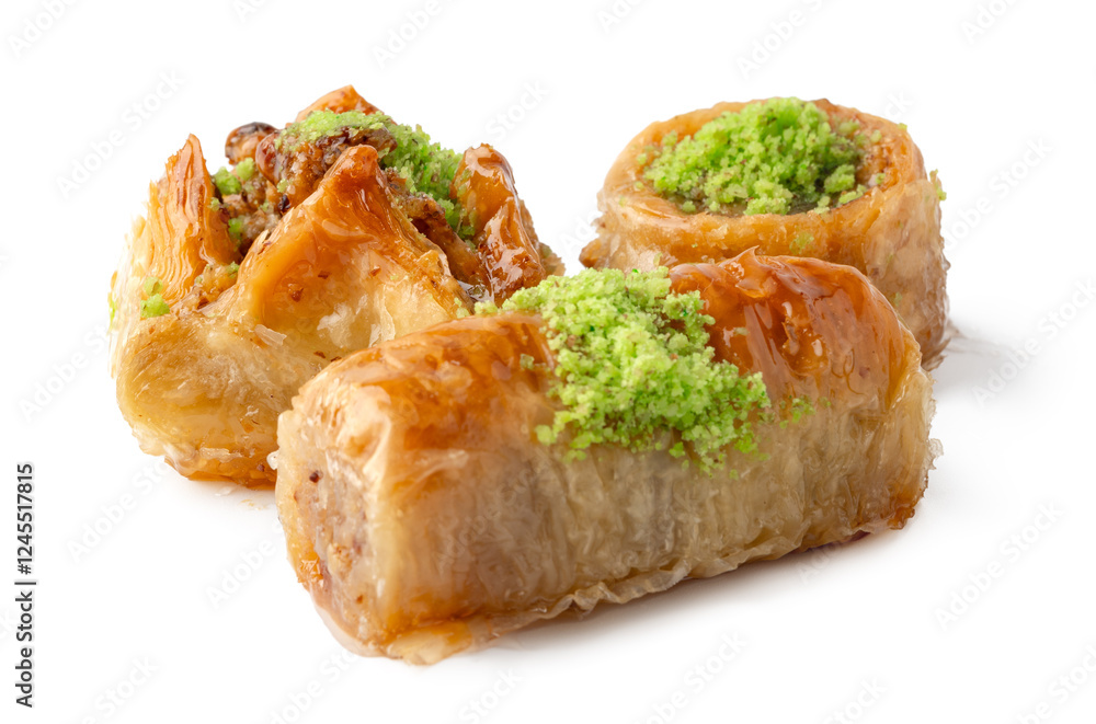 Poster assorted baklava pieces with nuts and green topping displayed on a white background