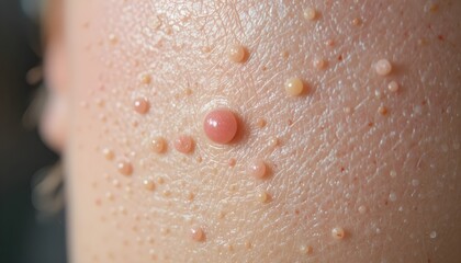 Fototapeta premium Close-up of skin with multiple small bumps and a larger, pink lesion. Medical image illustrating a skin condition.