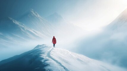 Solitary figure in a red coat walks along a snowy mountain ridge, surrounded by mist and towering peaks, embodying the spirit of adventure and solitude