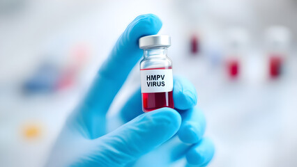 Medical researcher holds HMPV vaccine vial in laboratory setting, Human Metapneumo Virus.