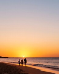 Harmony of Equinox Silhouette Family Stroll on Textured Beach - Natural Balance and Sunset Reverie for Eco-Tourism and Seasonal Marketing