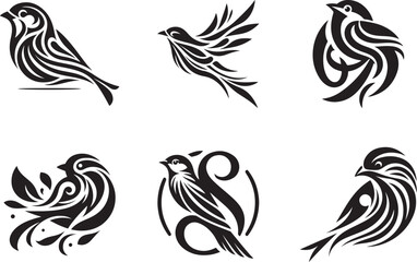 Tribal bird tattoo vector set with floral and ornamental design
