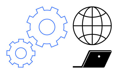 Gears, globe, open laptop evoke ideas of technology, global connectivity, collaboration, automation, efficiency, innovation. Ideal for tech networking global business digital transformation