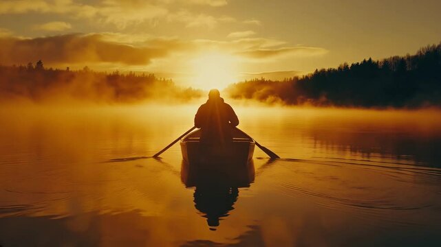 Single rower glides across a serene lake, shrouded in morning mist, as the sun rises, creating a picturesque and tranquil scene of solitude and nature