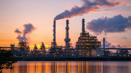 Naklejka premium A serene view of an oil and gas plant at sunset, with steam gently rising against a pastel sky. The mix of nature and industry creates a sense of balance, life, and continuous energy flow. 