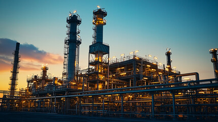 Obraz premium A serene view of an oil and gas plant at sunset, with steam gently rising against a pastel sky. The mix of nature and industry creates a sense of balance, life, and continuous energy flow. 