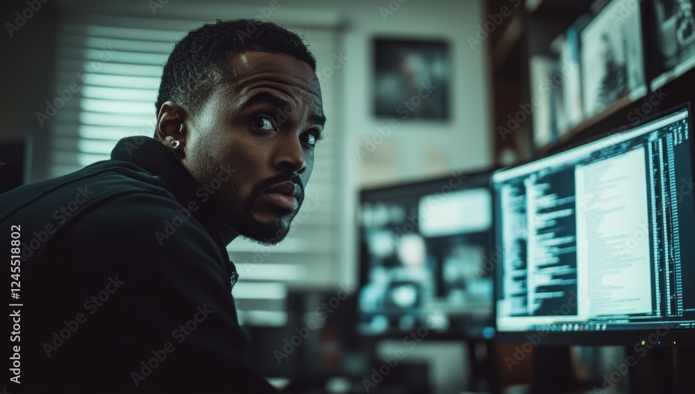 Poster focused professional working on multiple computer screens, analyzing data, deep in thought, with a s