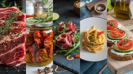  Elegant culinary collage showing gourmet food progression, marinated meat, olive oil with herbs, styled appetizer, fresh tagliatelle pasta, and rustic bruschetta. Natural lighting highlights textu