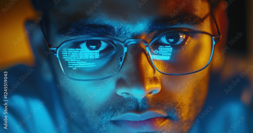 Poster focused young man working on computer coding with illuminated screen reflecting in glasses, showcasi