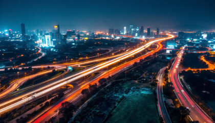Obraz premium Night City Highway Lightscape Stunning Aerial View