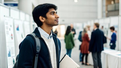 Indian Student in Career Fair – A student exploring booths and opportunities at an educational career fair.
