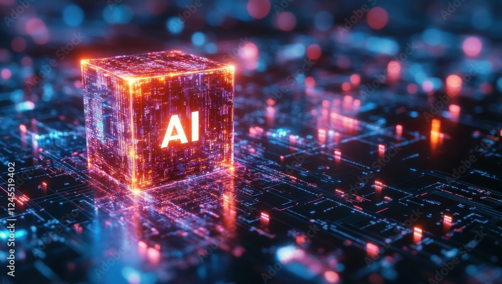 Poster futuristic 3d glowing cube with ai text surrounded by digital circuits and lights in a technology-in