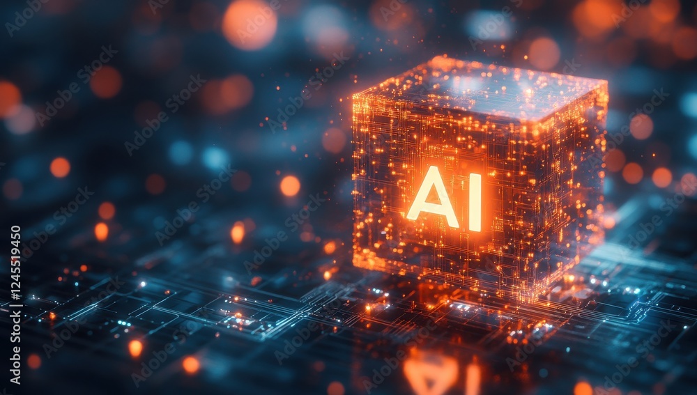 Poster futuristic 3d illustration of a glowing ai cube surrounded by digital particles and circuitry on a d
