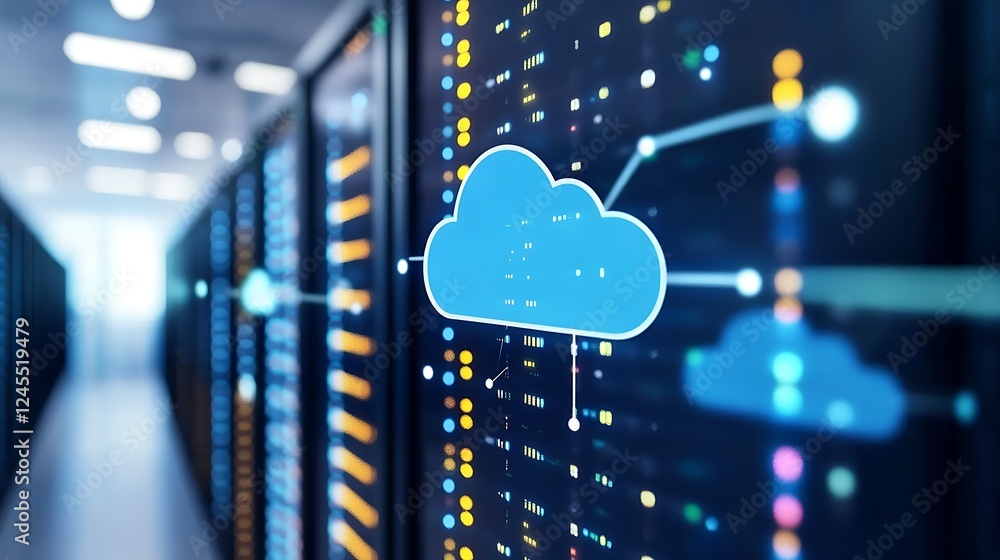 Poster advanced data center with server racks and cloud technology emblem