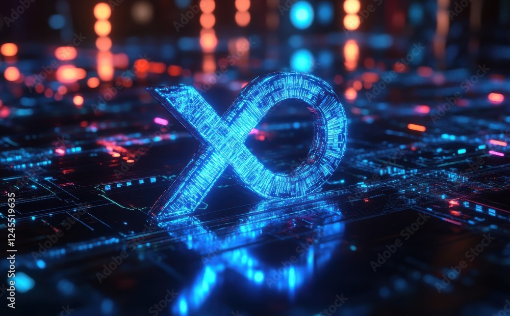 Poster futuristic 3d representation of abstract symbol with glowing neon lights on a digital circuit board 