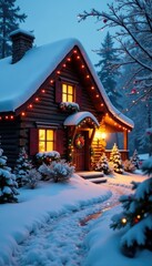 Fototapeta premium Snow covered cottage with festive Christmas lights, snowy, cottage
