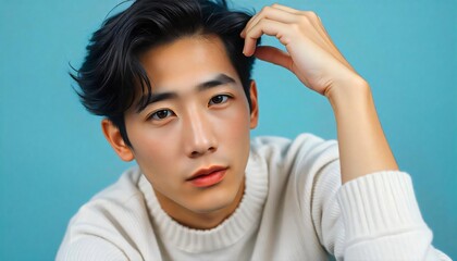 Fototapeta premium Handsome Asian Man with Dark Hair Close up Portrait Stylish Sweater Blue Background