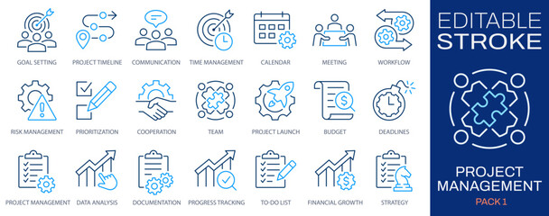 Project management icon set. Collection of collaboration, workflow, milestones, deadlines and more. Vector illustration. Editable stroke.